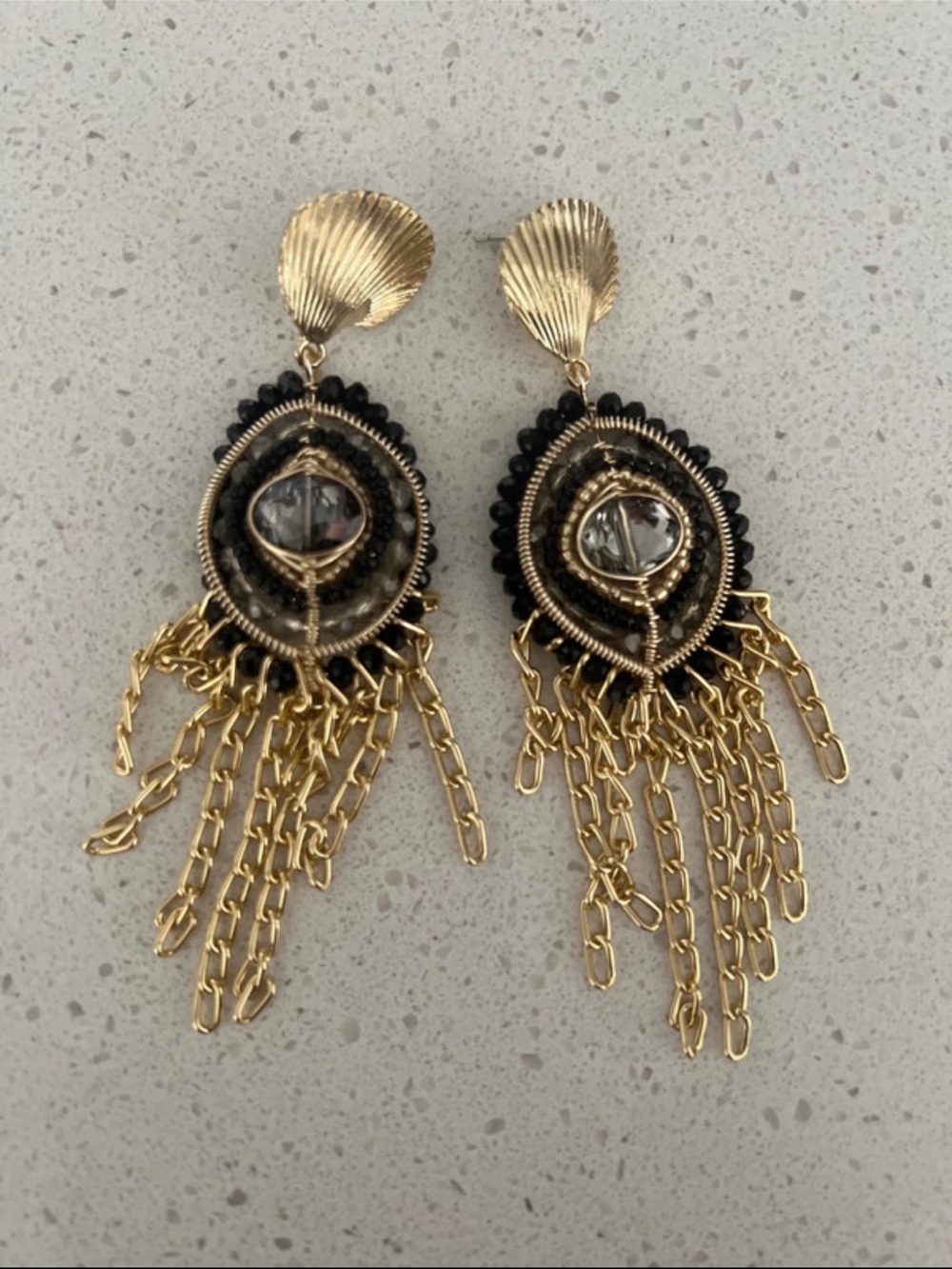 Gold and Black Beaded Fringe Statement Earrings